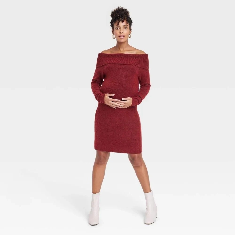 A-12‎ Off the Shoulder Maternity Sweater Dress Ingrid & Isabel Burgundy L